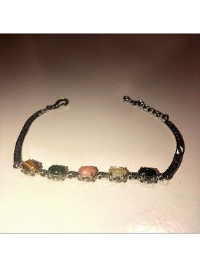 VTG Gemstone Silver Tone Coral Jade Tigers Eye Mother of Pearl Hematite Bracelet